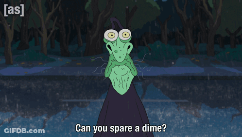 A Cartoon Character Asks If A Dime Can Be Spared GIF