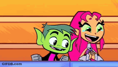 A Cartoon Character , Beast Boy And Starfire , Are Standing Next To Each Other And Smiling . GIF