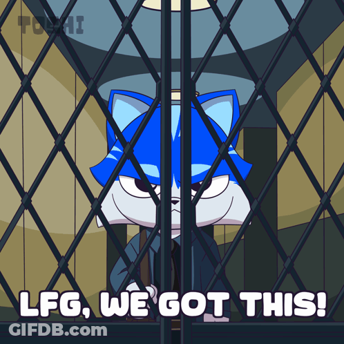 A Cartoon Character Behind Bars With The Words " Lfg We Got This " On The Bottom GIF