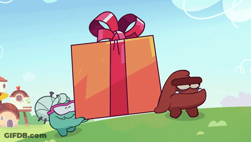 A Cartoon Character Carrying A Gift Box With A Red Ribbon GIF