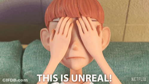 A Cartoon Character Covering His Eyes With His Hands And The Words " This Is Unreal " GIF