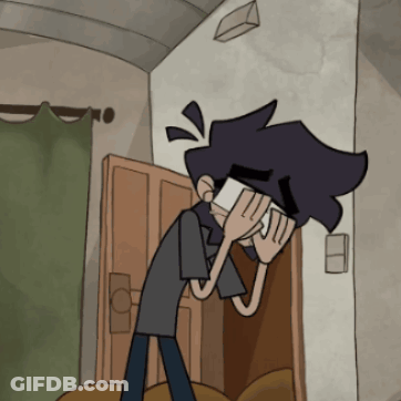 A Cartoon Character Covering His Face With His Hands In Front Of A Door GIF