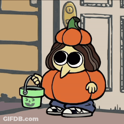 A Cartoon Character Dressed As A Pumpkin Holding A Green Bucket GIF