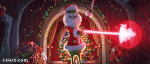 A Cartoon Character Dressed As Santa Claus Is Holding A Sword And Shooting A Red Arrow . GIF