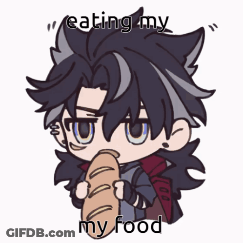 A Cartoon Character Eating A Loaf Of Bread With The Caption Eating My Food GIF