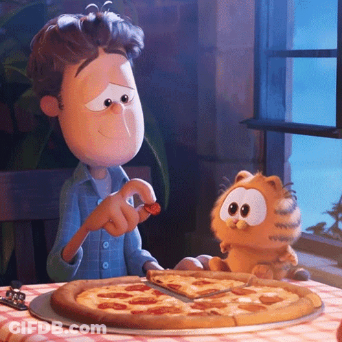 A Cartoon Character Eating A Slice Of Pizza Next To Garfield GIF