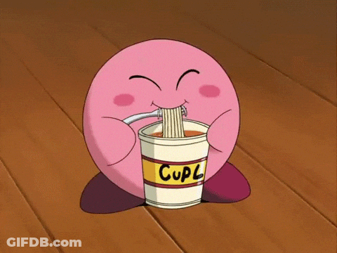 A Cartoon Character Eating Noodles From A Cup That Says Cupl On It GIF