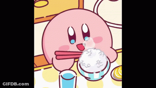A Cartoon Character Eating Rice With Chopsticks And A Glass Of Water GIF