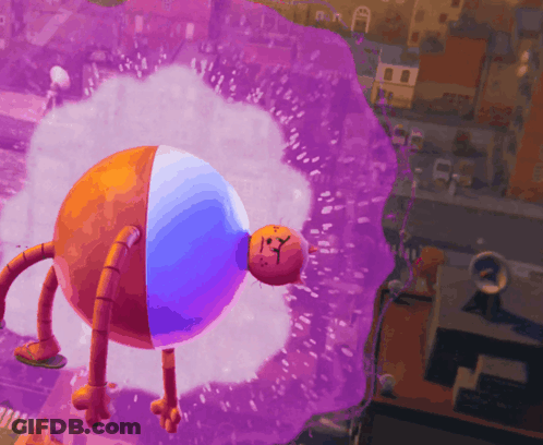 A Cartoon Character Flying Through A Purple Bubble GIF