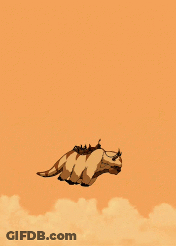 A Cartoon Character Flying Through The Air With A Cloudy Sky In The Background GIF