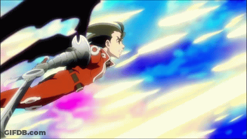 A Cartoon Character Flying Through The Air With A Sword GIF