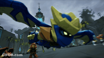 A Cartoon Character Flying Through The Air With A Tower In The Background GIF
