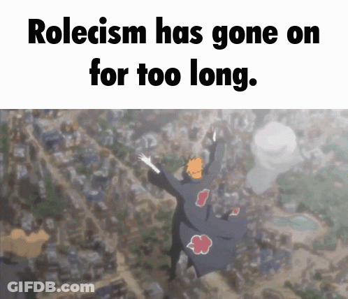 A Cartoon Character Flying Through The Air With The Words Rolecism Has Gone On For Too Long GIF