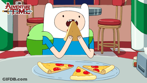 A Cartoon Character From Adventure Time Eating A Slice Of Pepperoni Pizza GIF