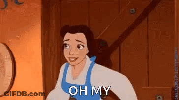 A Cartoon Character From Beauty And The Beast Is Standing In A Room And Smiling . GIF