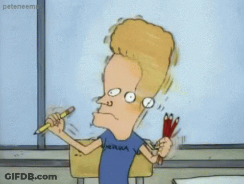 A Cartoon Character From Beavis And Butthead Is Holding A Pencil And A Pair Of Metallica Pencils GIF