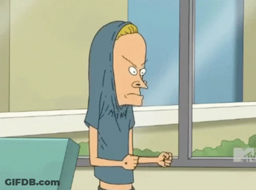 A Cartoon Character From Beavis And Butthead Is Standing In Front Of A Window With His Fist In His Hand . GIF