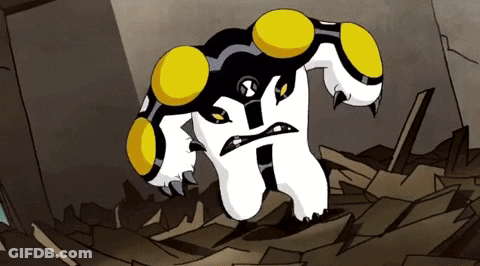A Cartoon Character From Ben 10 Is Standing In A Pile Of Papers GIF