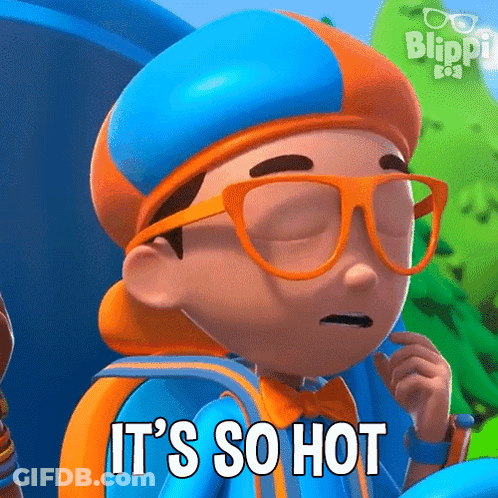 A Cartoon Character From Blippi Is Wearing Glasses And A Hat And Says It 'S So Hot . GIF