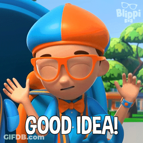 A Cartoon Character From Blippi Says Good Idea With His Hands Up GIF