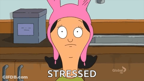 A Cartoon Character From Bob 'S Burgers Is Wearing A Pink Bunny Hat And Says Stressed GIF