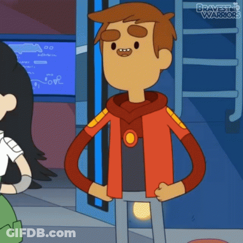 A Cartoon Character From Bravest Warriors Is Standing In A Room GIF