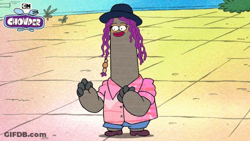 A Cartoon Character From Chowder Is Wearing A Pink Shirt And A Hat GIF