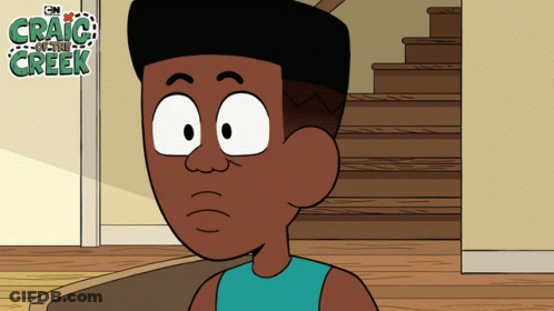 A Cartoon Character From Craig And The Creek Is Standing In Front Of Stairs GIF