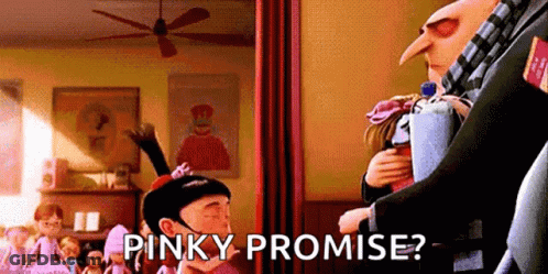 A Cartoon Character From Despicable Me Is Holding A Doll And Saying `` Pinky Promise '' . GIF