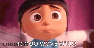 A Cartoon Character From Despicable Me Is Laying On A Bed And Saying `` I Sooo Wove You ! '' GIF