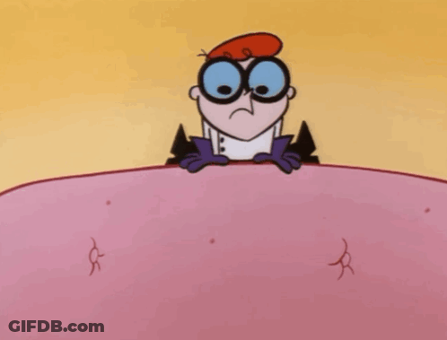 A Cartoon Character From Dexter 'S Laboratory Is Laying On A Pink Surface With His Mouth Open . GIF