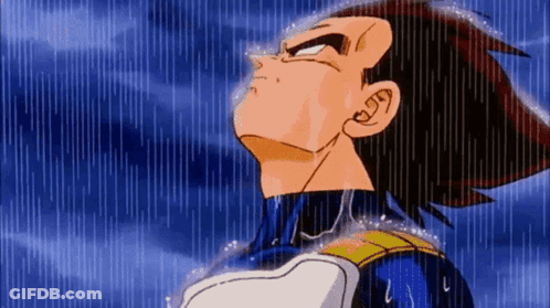 A Cartoon Character From Dragon Ball Z Is Standing In The Rain Looking Up . GIF