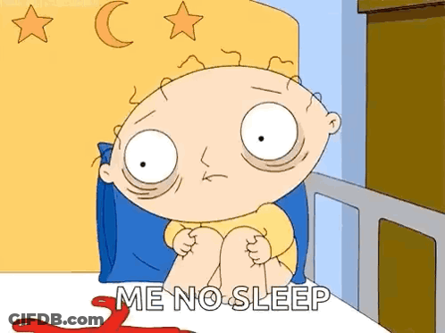 A Cartoon Character From Family Guy Is Sitting In A Bed With The Words `` Me No Sleep '' Written On The Bed . GIF