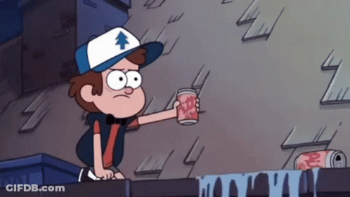 A Cartoon Character From Gravity Falls Is Holding A Can Of Soda . GIF