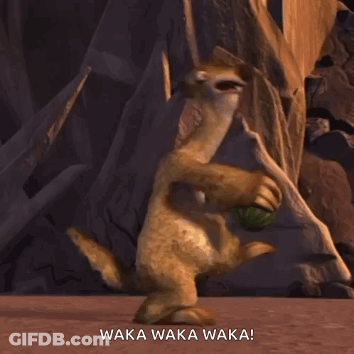 A Cartoon Character From Ice Age Is Dancing With The Words Waka Waka Waka Written Below Him GIF