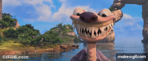 A Cartoon Character From Ice Age Is Smiling In Front Of The Water GIF