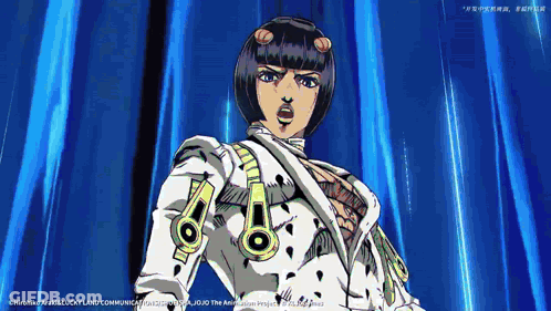 A Cartoon Character From Jojo 'S Bizarre Adventure Stands In Front Of A Blue Curtain GIF