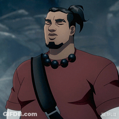 A Cartoon Character From Netflix Is Wearing A Red Shirt And Black Beads Around His Neck GIF