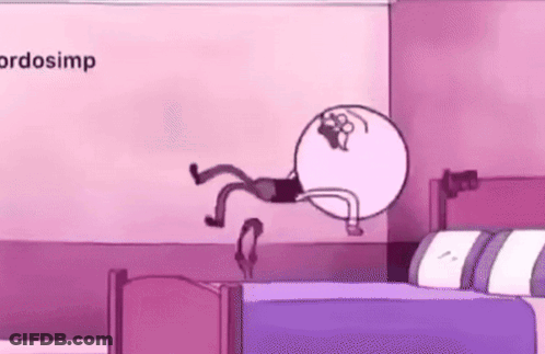 A Cartoon Character From Regular Show Is Flying Through The Air In A Bedroom . GIF