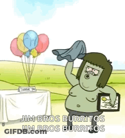A Cartoon Character From Regular Show Is Holding Balloons And A Picture Of Himself . GIF