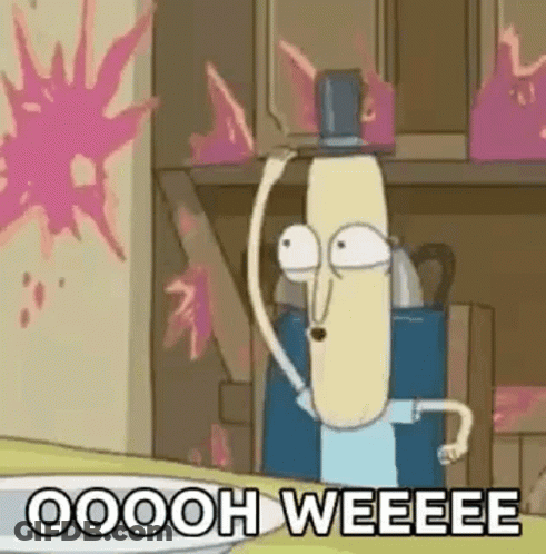 A Cartoon Character From Rick And Morty Is Standing In A Kitchen Holding A Bottle . GIF