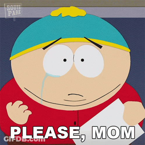 A Cartoon Character From South Park Is Crying And Holding A Piece Of Paper That Says " Please Mom " GIF