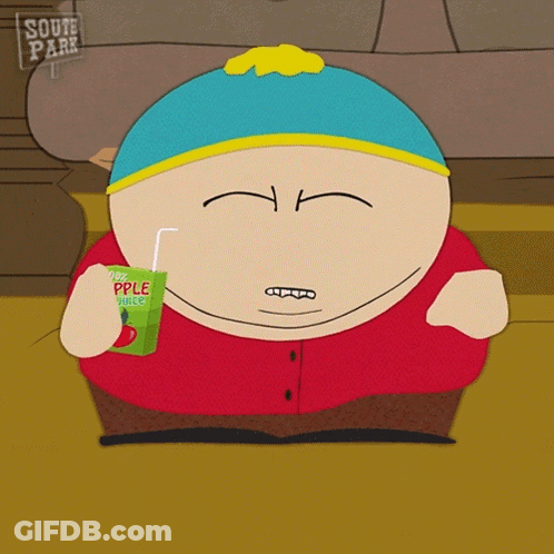 A Cartoon Character From South Park Is Drinking Apple Juice Through A Straw GIF