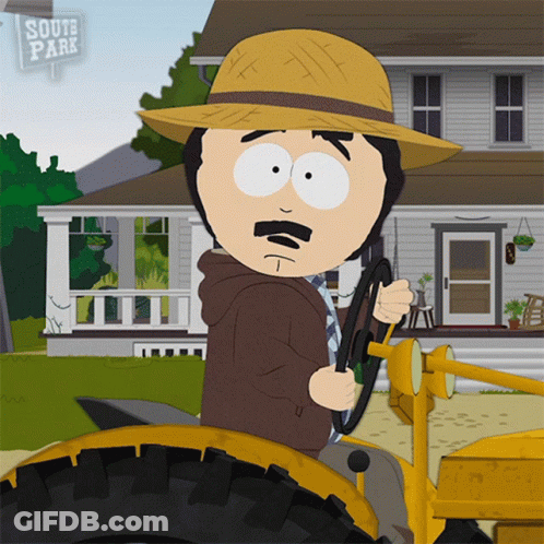 A Cartoon Character From South Park Is Driving A Tractor In Front Of A House GIF