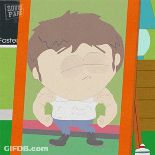 A Cartoon Character From South Park Is Flexing His Muscles In A Picture Frame GIF