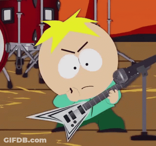 A Cartoon Character From South Park Is Holding A Guitar And A Microphone GIF