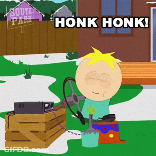 A Cartoon Character From South Park Is Holding A Steering Wheel And Says Honk Honk GIF