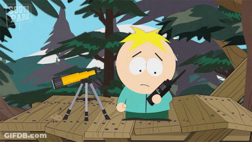 A Cartoon Character From South Park Is Holding A Walkie Talkie And A Telescope GIF