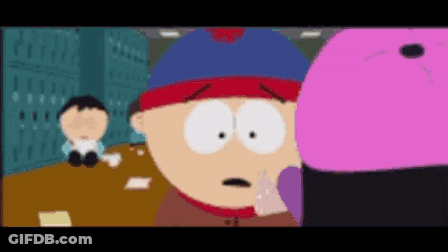 A Cartoon Character From South Park Is Looking At A Pink Object GIF