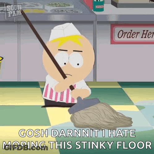 A Cartoon Character From South Park Is Mopping A Stinky Floor GIF